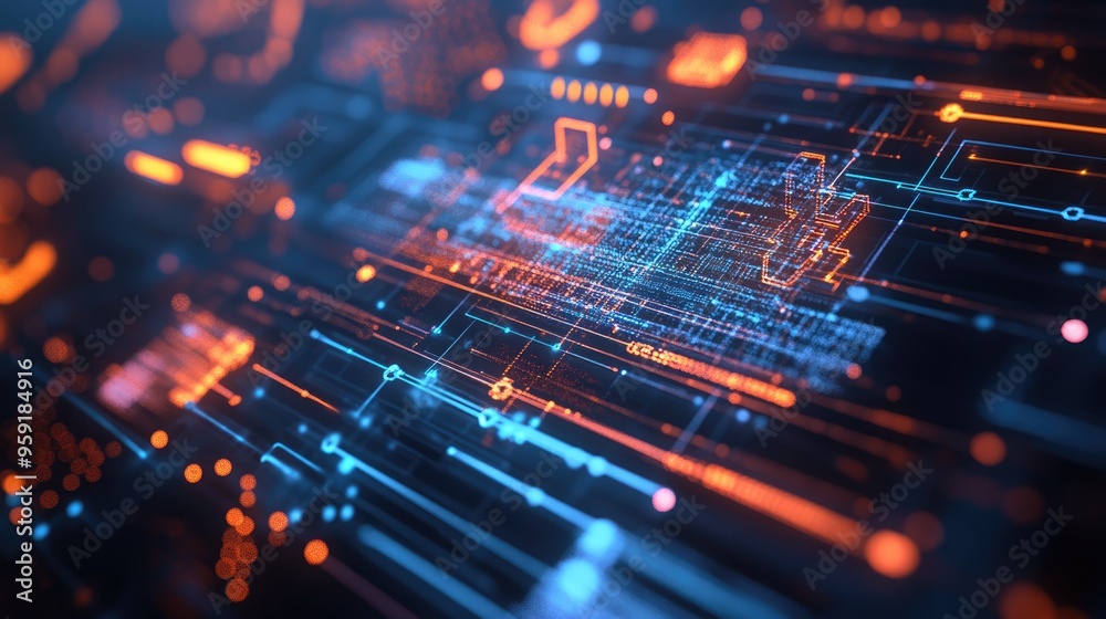 Poster holographic blockchain themed designs displayed on a computer monitor captured from a top down persp