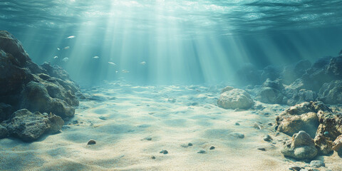 An underwater background featuring a vast, open sandy ocean floor with scattered rocks and occasional patches of coral. The clear water allows for an expansive view of the seabed, with the sunlight