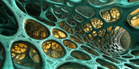 A 3D abstract background with interwoven, lattice-like structures in shades of green and gold. The design has a complex, interconnected feel, with a sense of innovation and structure.