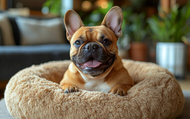 A happy French bulldog lays in its bed, looking up with a big smile.