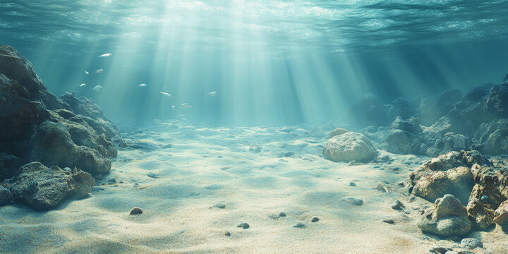 An underwater background featuring a vast, open sandy ocean floor with scattered rocks and occasional patches of coral. The clear water allows for an expansive view of the seabed, with the sunlight