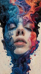 Fototapeta premium A woman's face with closed eyes is painted in vibrant, swirling colors, creating a surreal and dreamlike effect.