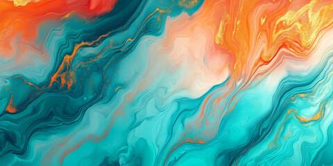 A lively abstract background with radiant shades of turquoise, coral, and gold. The colors blend and flow together, creating a bright and energetic visual effect.