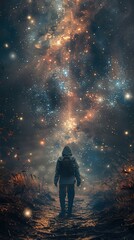 Obraz premium A lone figure stands in awe of a vast, starry sky, the Milky Way stretching out above them.