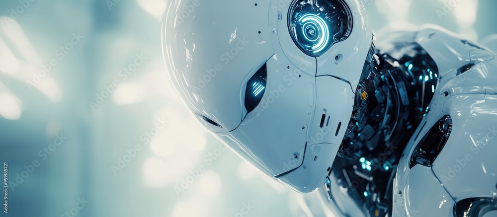 Aufkleber white robot against a blurred backdrop generating a 3d rendering of futuristic technology structure