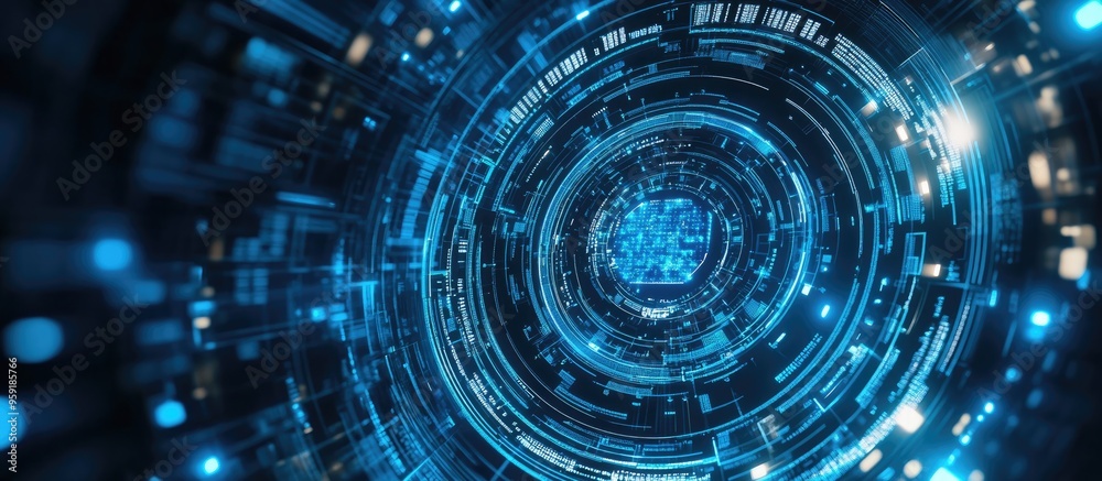 Aufkleber Abstract representation of artificial intelligence within a circular digital background featuring light blue computer systems and technology elements