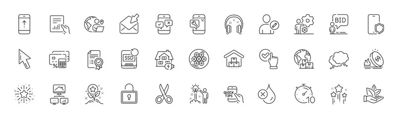Storage, Organic product and Job line icons. Pack of Phone protect, Home charging, Checkbox icon. Open mail, Phone survey, Lock pictogram. Certificate, Stars, Cable section. Recovery ssd. Vector