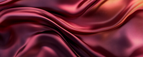 Fototapeta premium An abstract background with silky, 3D wave patterns in a gradient from rich burgundy to soft pink. The fabricâ€™s texture adds depth and a luxurious feel to the scene.