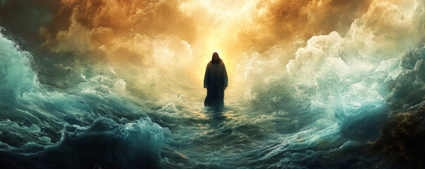 A dramatic scene of Jesus Christ walking on turbulent, stormy waters. The waves are crashing around Him, but He stands calm and composed, with a divine light illuminating His path.