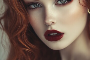 Fototapeta premium Enchanting redhead woman with piercing gaze and striking makeup