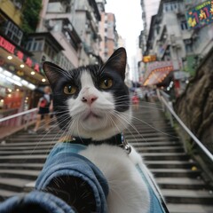 Cat in blue jacket taking selfie on city steps