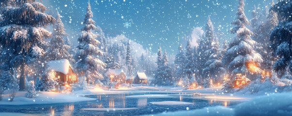 A whimsical cartoon winter landscape with snow-covered trees, a frozen pond, and a small village with twinkling lights. The sky is a deep blue, with snowflakes gently falling, creating a magical and
