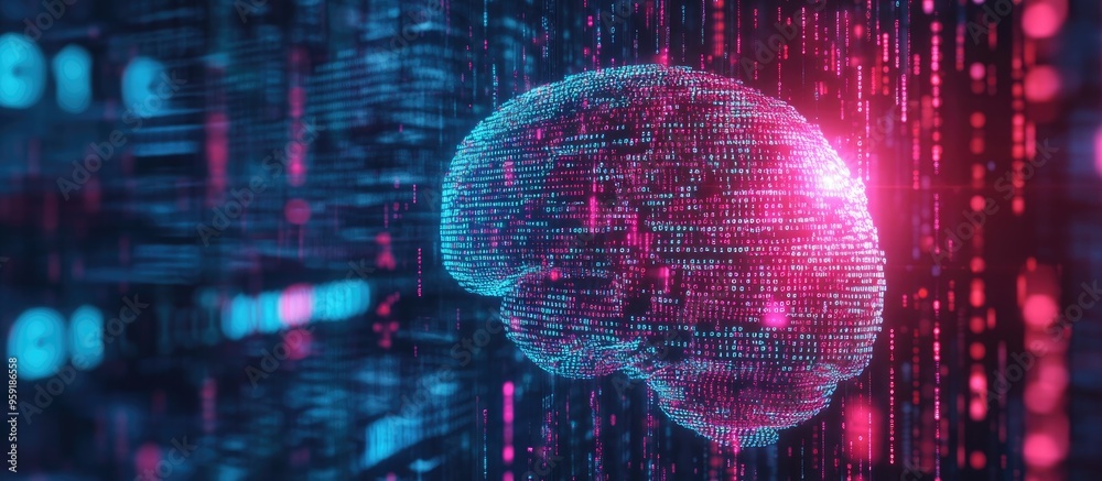 Poster brain illustration composed of binary code cmyk color scheme layered design with organized global co