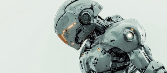 Fototapeta premium Futuristic mech soldier depicted against a plain background This military robot features green and gray metal with scratched armor showcasing pilot controlled technology 3D rendering