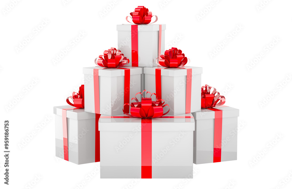 Poster stack from gift boxes with bows and ribbons, 3d rendering isolated on transparent background