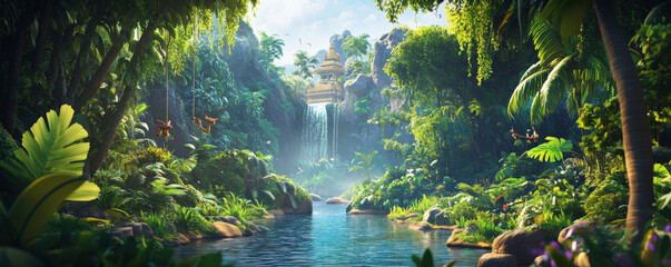 A 3D cartoon-style jungle landscape with dense, vibrant foliage, a winding river, and a hidden temple peeking through the trees. The scene is full of adventure and mystery, with playful animals