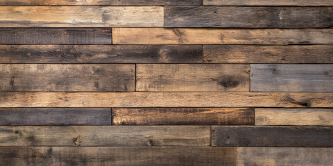 Naklejka premium Distressed wooden backdrop made of old pallet wood in various shades of brown and gray. The planks are unevenly cut with rough textures, nails, and cracks visible, giving a raw, industrial feel with a