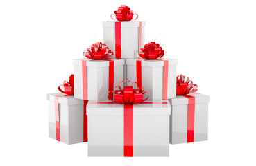 Obraz premium Stack from Gift Boxes with bows and ribbons, 3D rendering isolated on transparent background