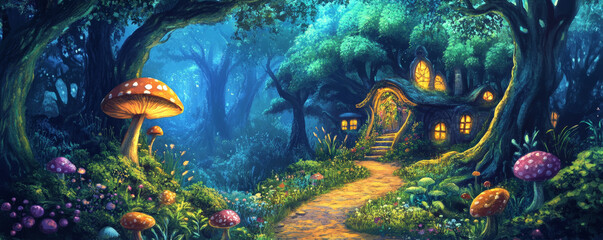 Fototapeta premium A whimsical cartoon backdrop of an enchanted forest with towering trees, glowing mushrooms, and a winding path leading to a hidden cottage. The scene is magical and mysterious.