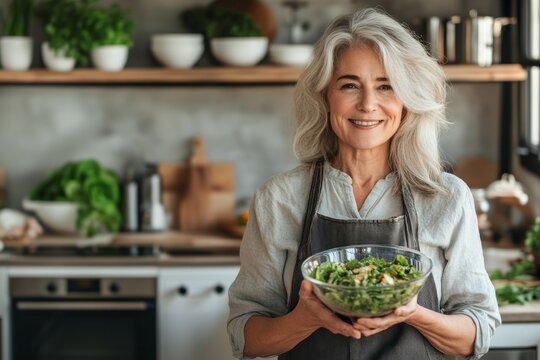 healthy eating, food cooking and culinary concept - happy smiling senior woman holding vegetable salad on kitchen at home