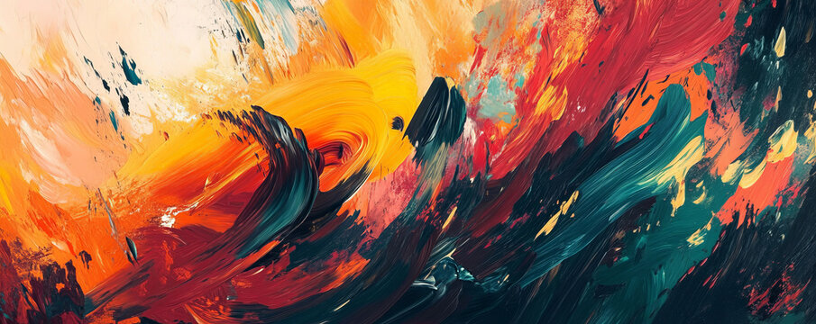 A dynamic abstract design featuring bold, expressive brushstrokes and a vibrant color palette. The design is full of energy and movement, with a chaotic yet harmonious composition.