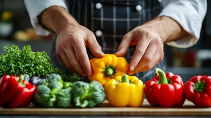 Chef cuts peppers in a professional kitchen.