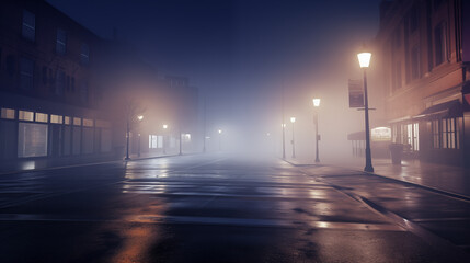 Foggy City Street Scene With Streetlights And Wet Pavement At Night