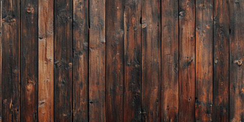 Naklejka premium Rough-hewn wooden backdrop featuring raw, unfinished planks with a dark, earthy brown color. The wood surface is textured with visible grain, knots, and cracks, creating a rustic, natural feel perfect