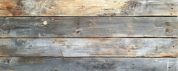 Naklejka premium Reclaimed wooden backdrop with weathered, uneven planks in various shades of gray and brown. The wood shows signs of age with rough textures, cracks, and nail marks, adding a rustic, industrial vibe