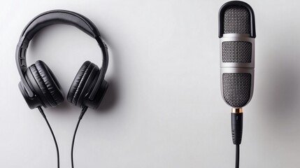Obraz premium Black studio headphones and a silver condenser microphone lying on a white background, evoking music production, radio broadcasting or podcasting