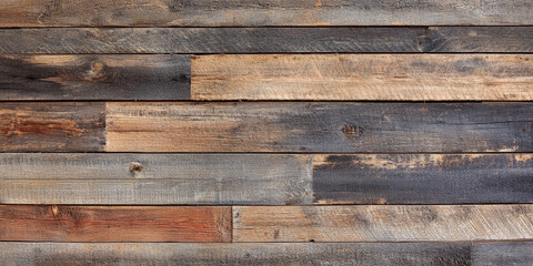 Naklejka premium Reclaimed wooden backdrop featuring rough, uneven planks in various shades of dark brown and gray. The wood shows signs of age with deep grain, knots, and cracks, adding an industrial, vintage feel to