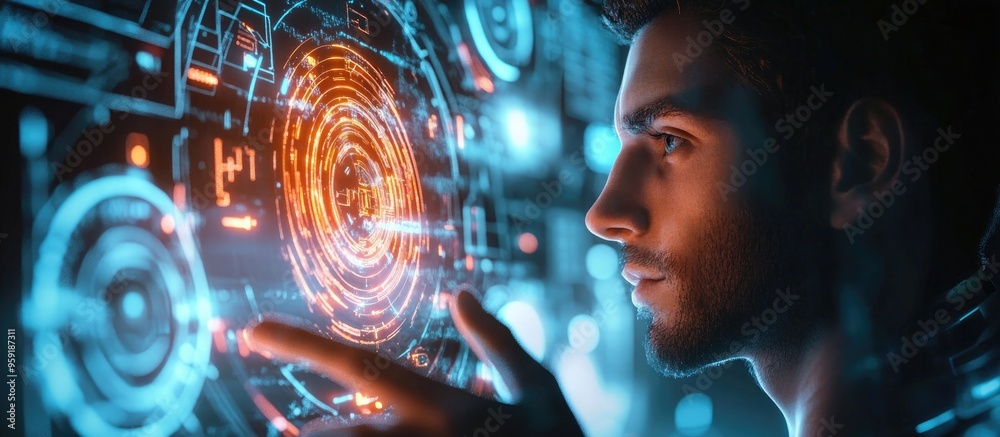 Poster male android operating a futuristic glowing interface in a sci fi environment 3d rendering