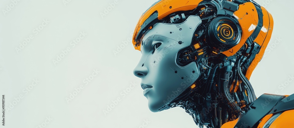 Poster 3d rendering of a concept featuring a robotic cyborg head combined with intelligent machine elements
