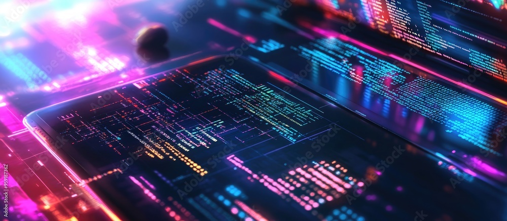 Poster abstract illustration of creative coding alongside a modern digital tablet on a desktop viewed from 