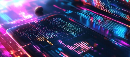 Obraz premium Abstract illustration of creative coding alongside a modern digital tablet on a desktop viewed from above representing the concept of software development with multi exposure techniques