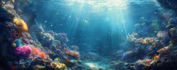 Fototapeta premium The ocean bottom scene with a rocky terrain, covered in vibrant corals and sea anemones. Small fish dart in and out of crevices, while rays of sunlight filter down from the surface, casting dappled