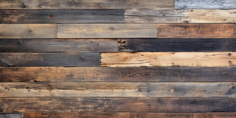 Naklejka premium Distressed wooden backdrop made of old pallet wood in various shades of brown and gray. The planks are unevenly cut with rough textures, nails, and cracks visible, giving a raw, industrial feel with a