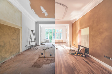 Before and after room renovation, wall painting, modern apartment renovation, interior of a house being constructed, restoration process, home refurbishment