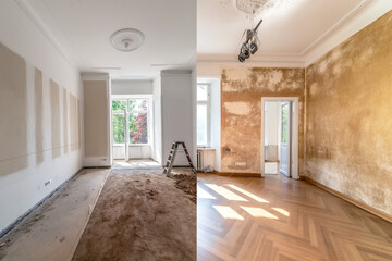 Before and after room renovation, wall painting, modern apartment renovation, interior of a house being constructed, restoration process, home refurbishment