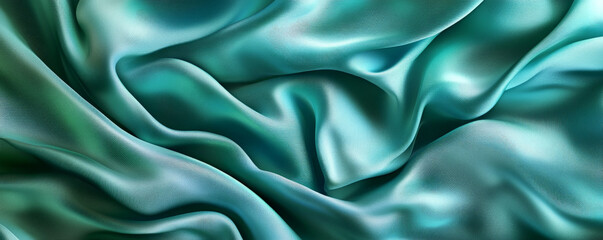 Fototapeta premium An abstract background showcasing 3D silk fabric with a gradient from deep emerald to light jade. The fabric waves add a sense of opulence and sophistication.