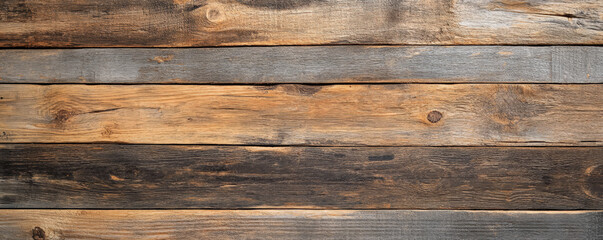 Naklejka premium Rustic wooden backdrop with rough, reclaimed barnwood planks in various shades of brown and gray. The surface shows signs of weathering, with deep grain, knots, and cracks adding to the backdrop's