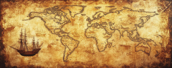 Fototapeta premium A vintage world map with sepia tones, showcasing old maritime routes and hand-sketched ships. The map is weathered, with torn edges and a patina of age, reminiscent of a timeworn explorer's treasure