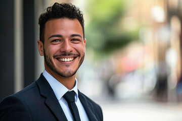 Fototapeta premium Arab male professional in suit outdoors, blurred urban background