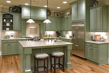Luxurious kitchen sanctuary with calming olive tones for a serene and elegant culinary retreat