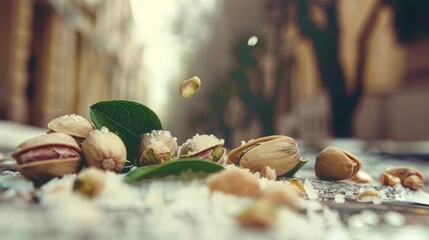 Fototapeta premium Salted pistachios on soft beige background, perfect for snacking and culinary creations