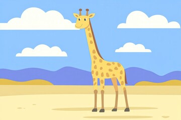 Cartoon giraffe in colorful desert landscape with blue skies and clouds