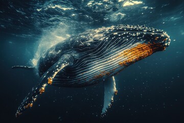 Fototapeta premium Captivating underwater encounter with a majestic humpback whale gliding gracefully