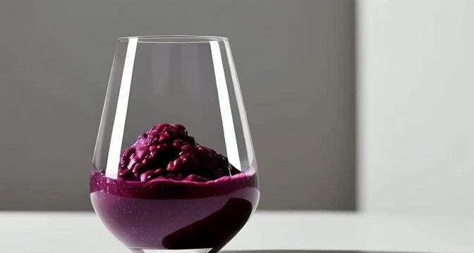 A solitary, elegant, and slender glass filled with a vibrant purple pulp, showcased against a clean and minimalist background.
