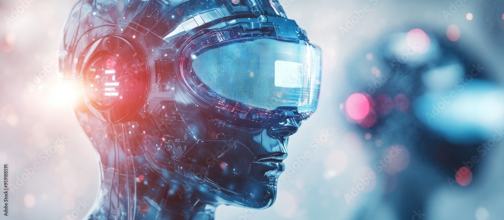Poster double exposure featuring an abstract hologram of virtual robotics technology set against a blurred 