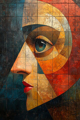 Close-up of a woman's eye and lips, painted in a geometric style, with warm tones and bold colors.
